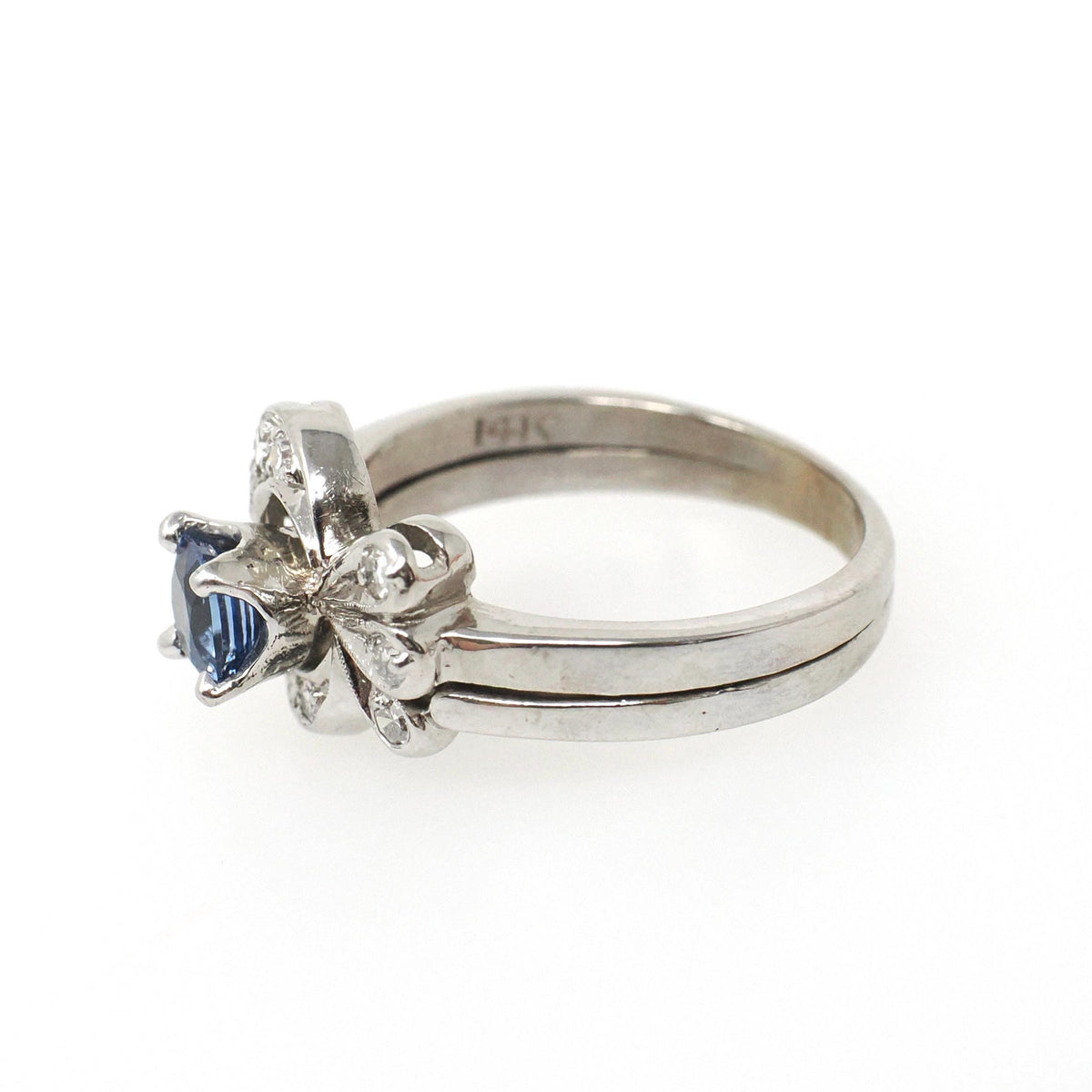 Vintage Bridal Ring Set - Mid Century 14k White Gold Natural Sapphire & Diamond Soldered Pair - Circa 1950s Size 6 Fine Engagement Jewelry