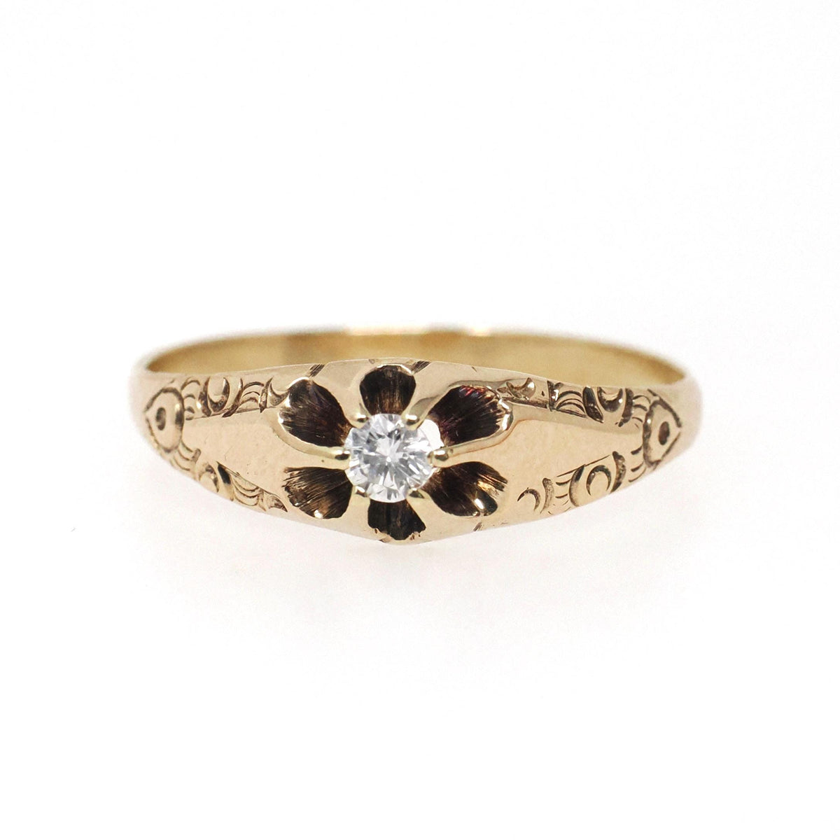 Antique Diamond Ring - Edwardian 10k Yellow Gold Natural .08 CT Round Brilliant Solitaire - Circa 1900s Size 8.25 Belcher Engagement Jewelry