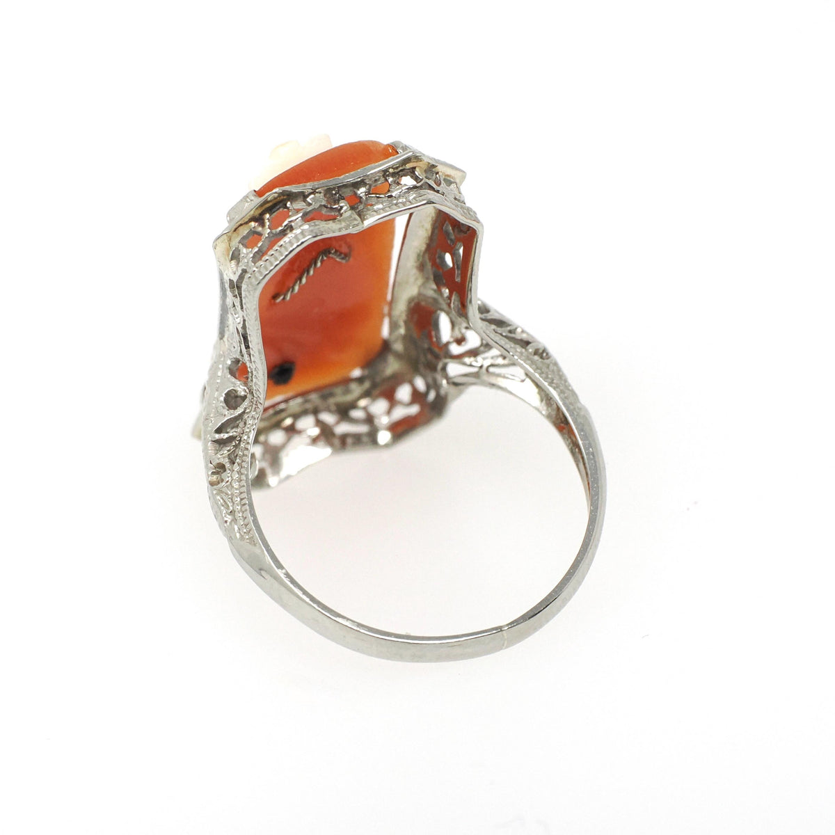 Vintage Cameo Habillé Ring - Art Deco 14k White Gold Carved Shell & Natural Diamond - Circa 1930s Size 6 1/4 Portrait Fine Filigree Jewelry