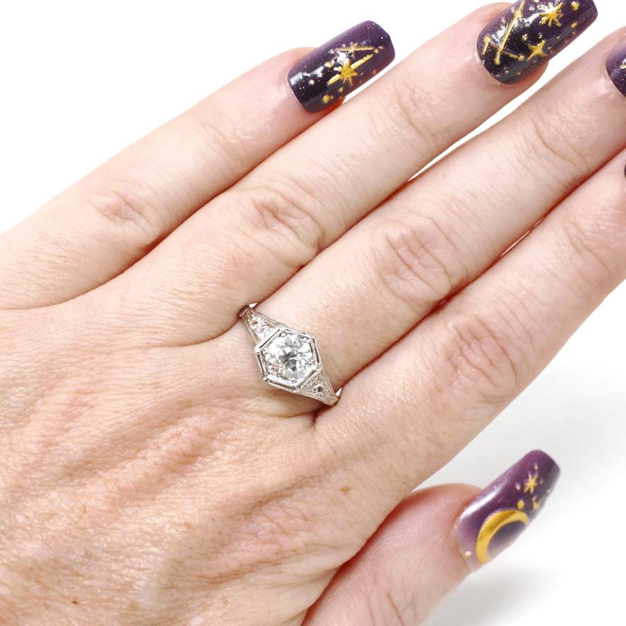 0.97 ct Old European Cut Diamond Ring - Platinum 1.14 CTW Natural Diamond Filigree Engagement - Circa 1920s Era Size 7 1/4 Hex Fine Jewelry