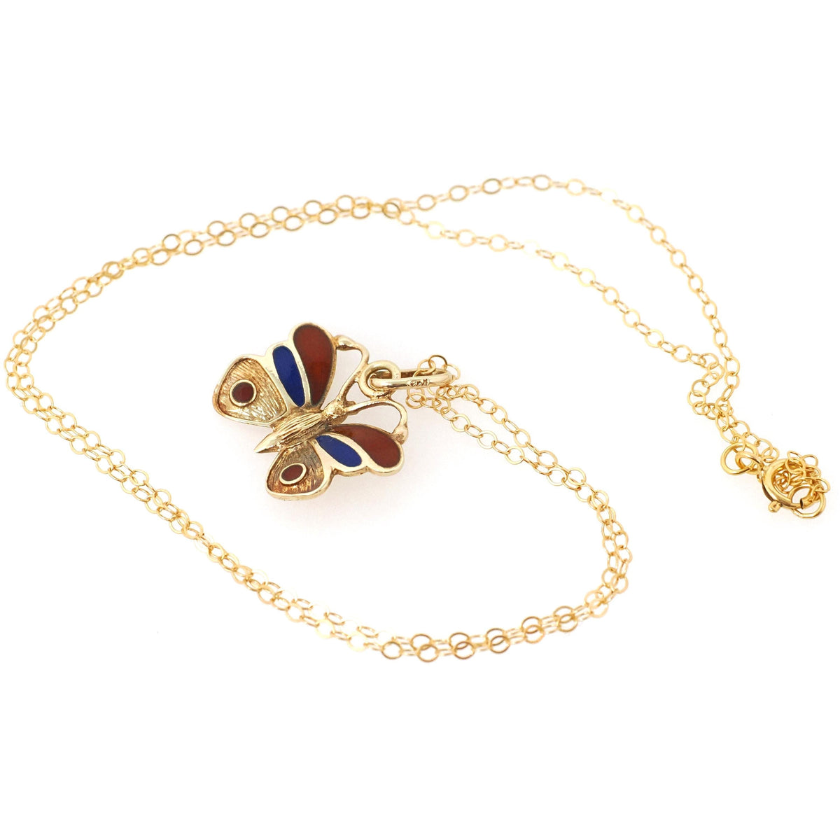 Vintage Butterfly Necklace - Estate 14k Yellow Gold Red Blue Enamel Colorful Pendant Charm - Contemporary Circa 2000s Era Fine Jewelry