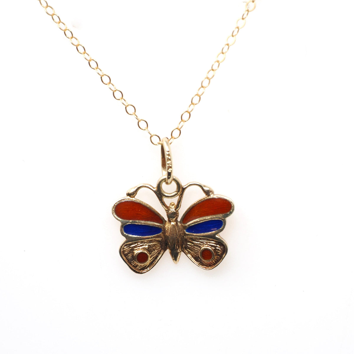Vintage Butterfly Necklace - Estate 14k Yellow Gold Red Blue Enamel Colorful Pendant Charm - Contemporary Circa 2000s Era Fine Jewelry