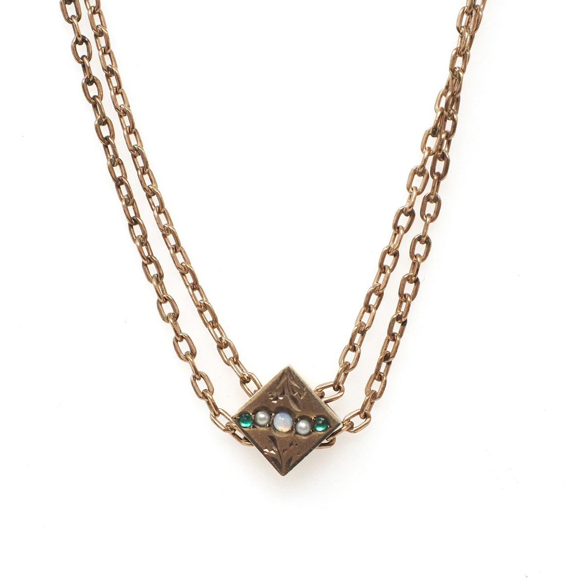Antique Lorgnette Chain - Edwardian Gold Filled Square Opal Glass Necklace - Vintage Circa 1900s Era Curb Links Dog Clip Charm Slide Jewelry