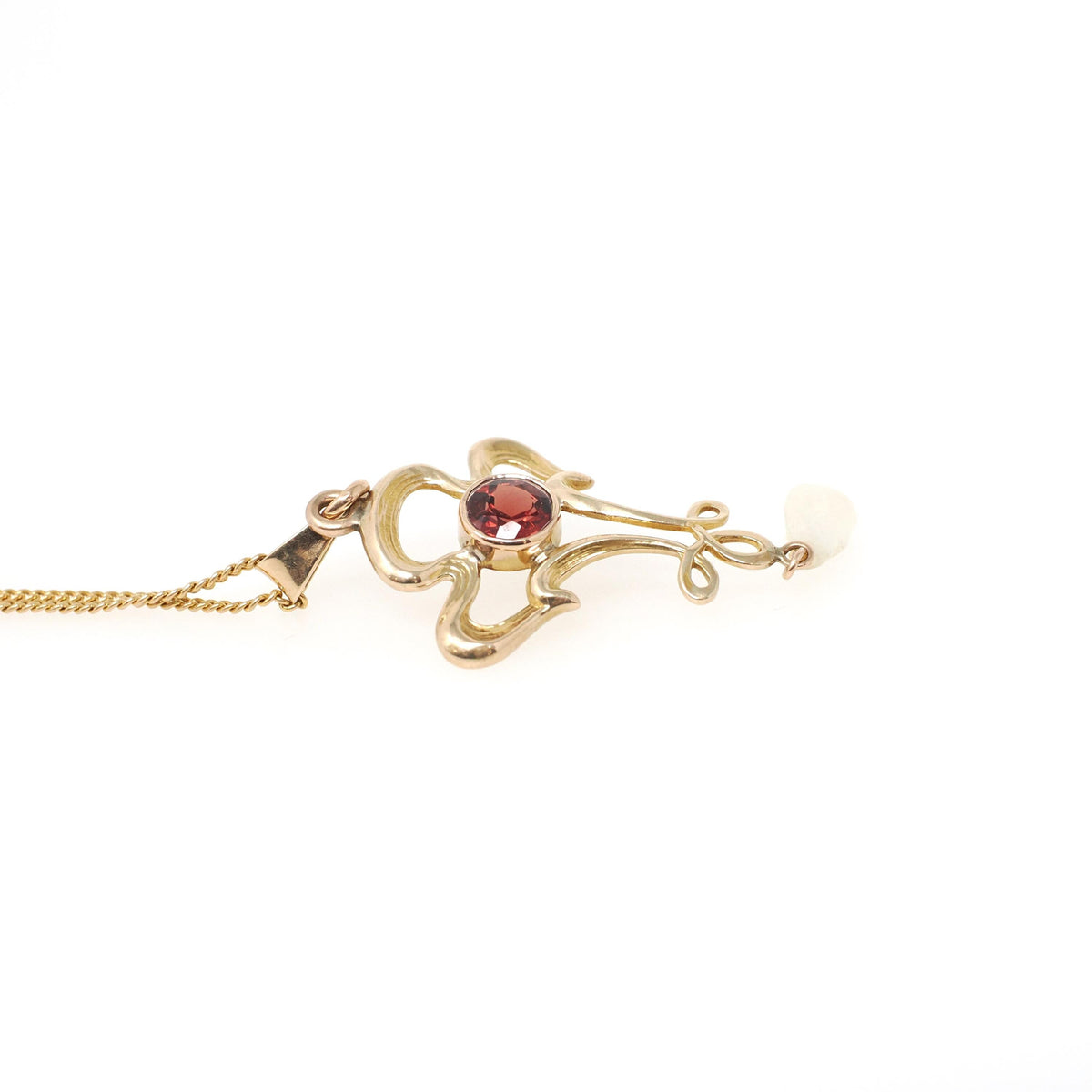 Antique Lavalier Necklace - Edwardian 10k Yellow Gold Natural Red Garnet Baroque Pearl Charm Pendant - Vintage Circa 1910s Era Fine Jewelry