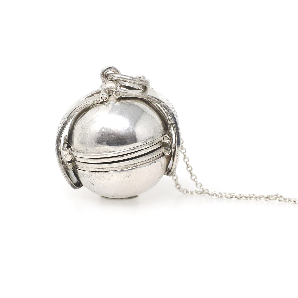 Estate Ball Locket - Modern Sterling Silver Expanding Globe Fob Pendant Necklace - Vintage Hinged Compartment Pendant Open Metal Orb Jewelry