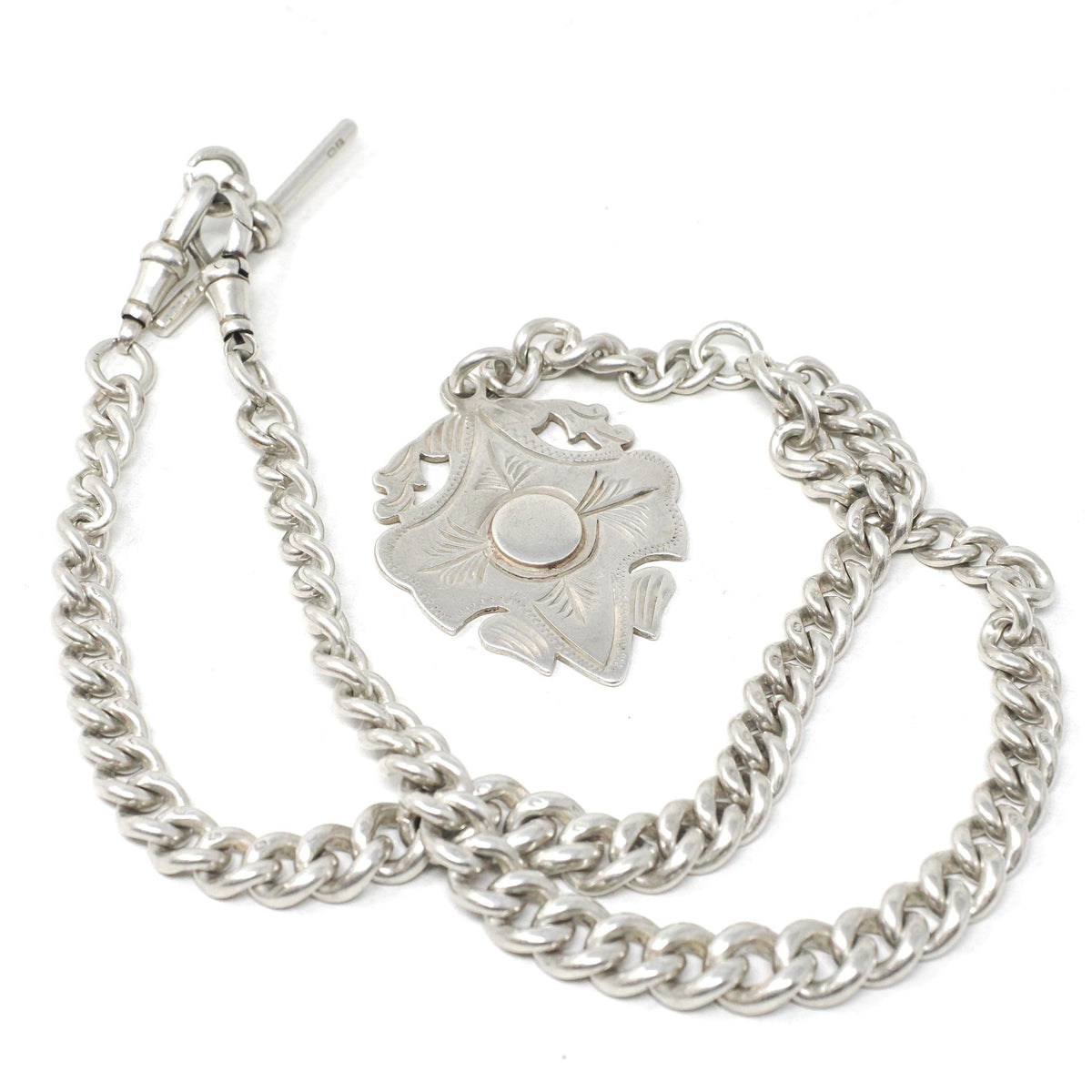 Pocket Watch Chain & Fob - Late Victorian Edwardian Sterling Silver English Hallmark Curb Link Necklace - Antique Circa 1900s Fine Jewelry