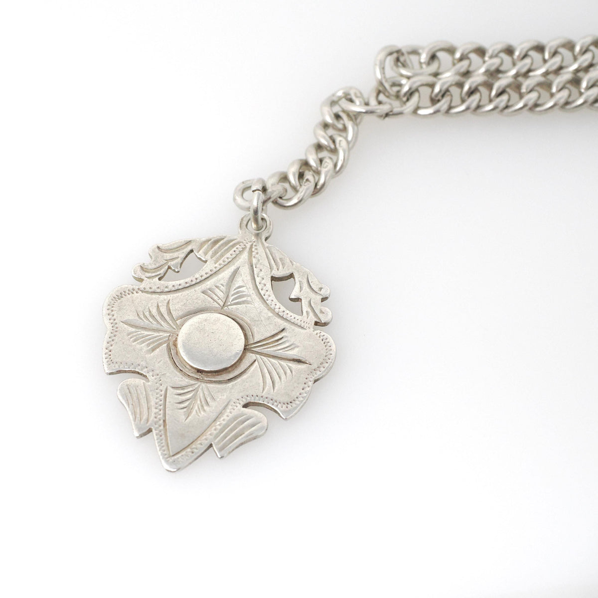 Pocket Watch Chain & Fob - Late Victorian Edwardian Sterling Silver English Hallmark Curb Link Necklace - Antique Circa 1900s Fine Jewelry