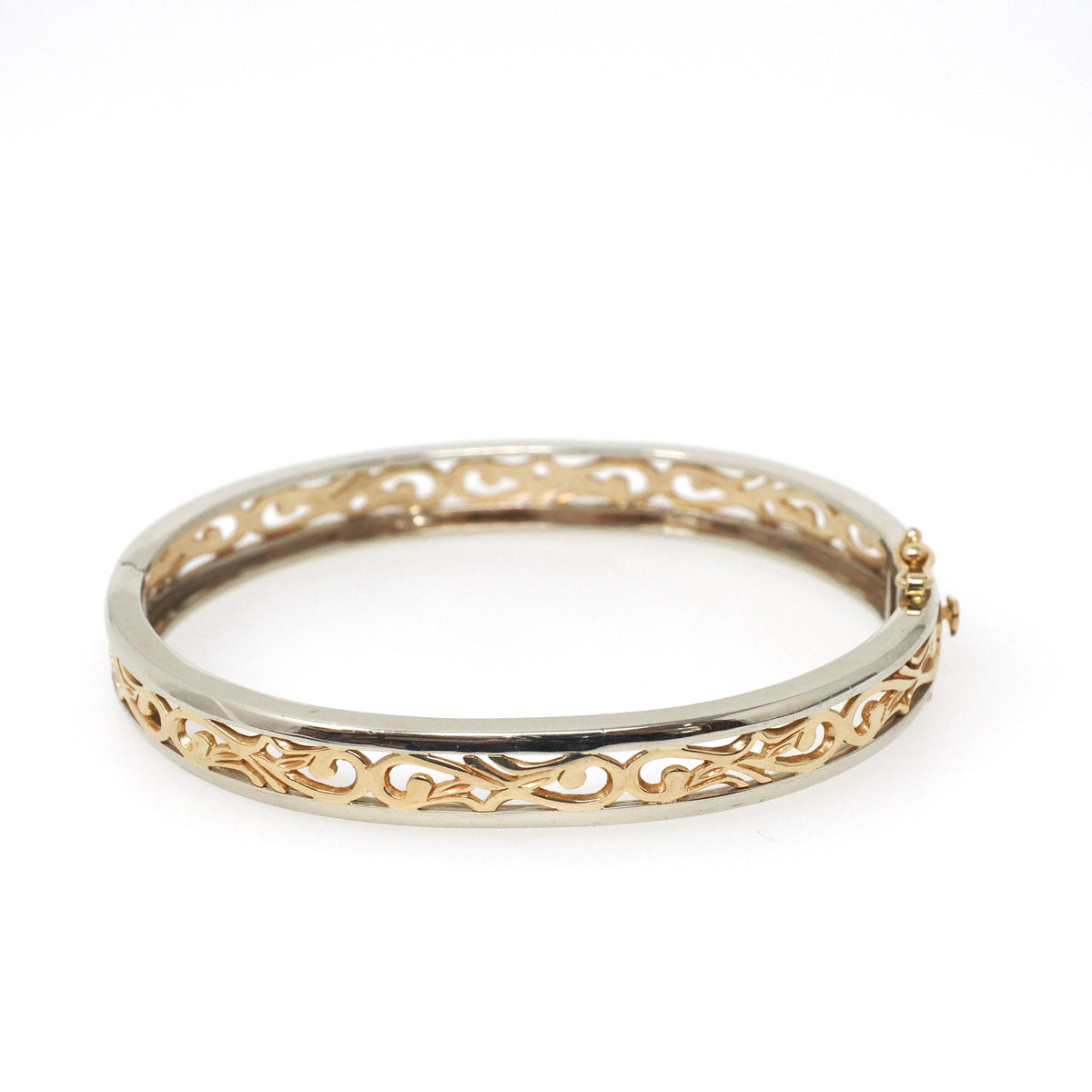 Two Tone Bracelet - Contemporary 14k Yellow & White Gold Open Metal Swirl Design Bangle - Vintage Circa 1990s Era Fine Statement Jewelry