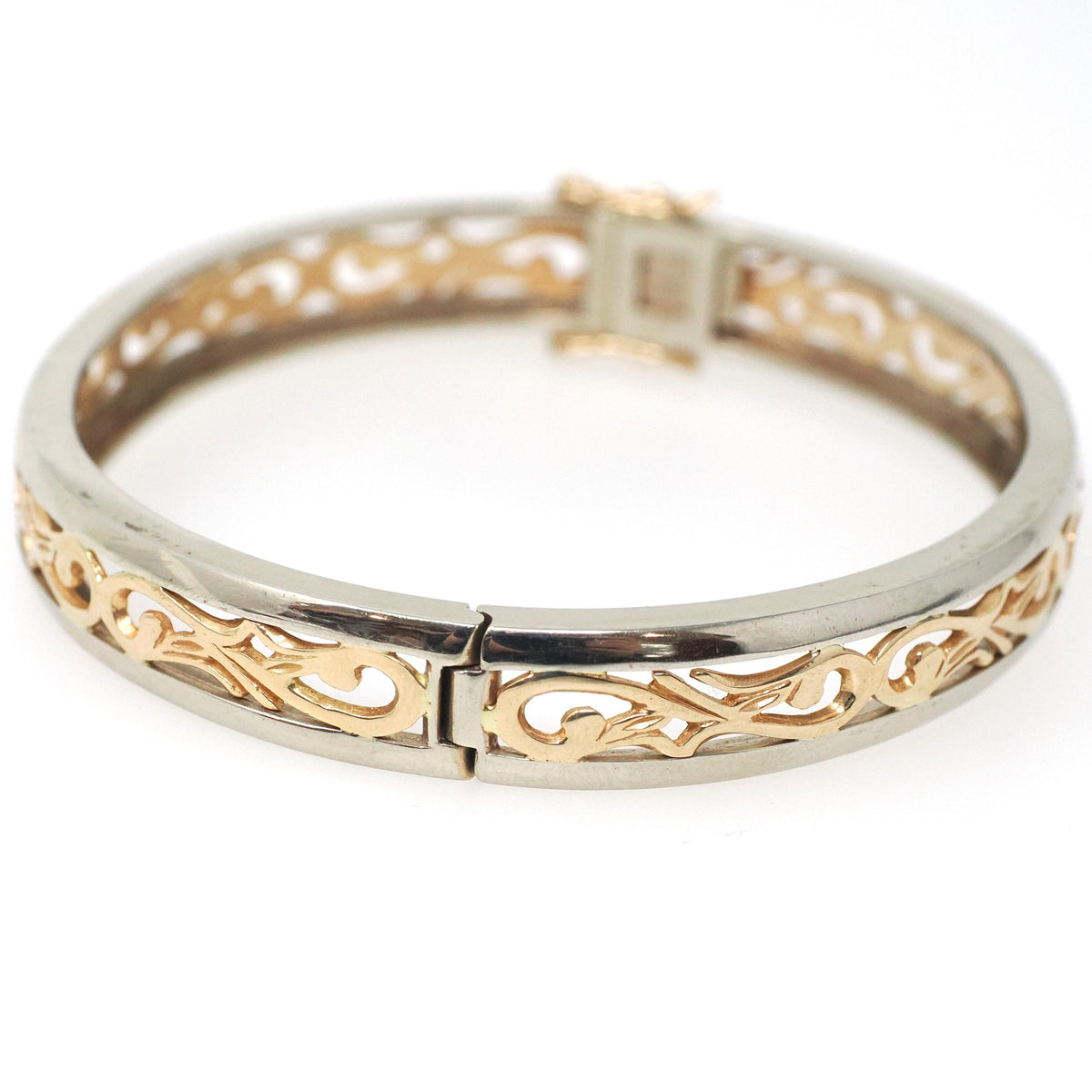 Two Tone Bracelet - Contemporary 14k Yellow & White Gold Open Metal Swirl Design Bangle - Vintage Circa 1990s Era Fine Statement Jewelry