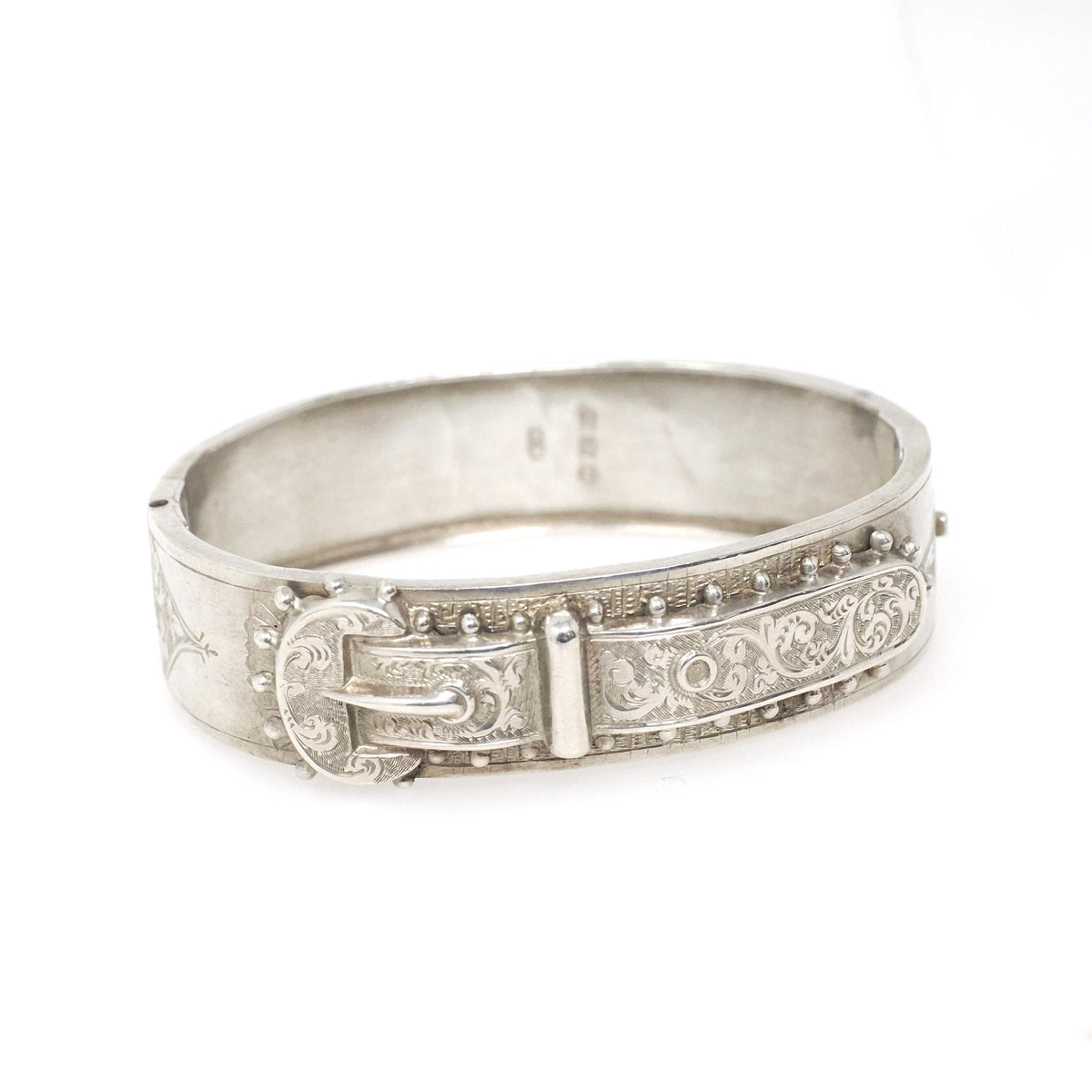 English Buckle Bracelet- Antique Sterling Silver Dated 1887 Engraved Floral Paisley Bangle - Victorian Era Birmingham Fine Statement Jewelry