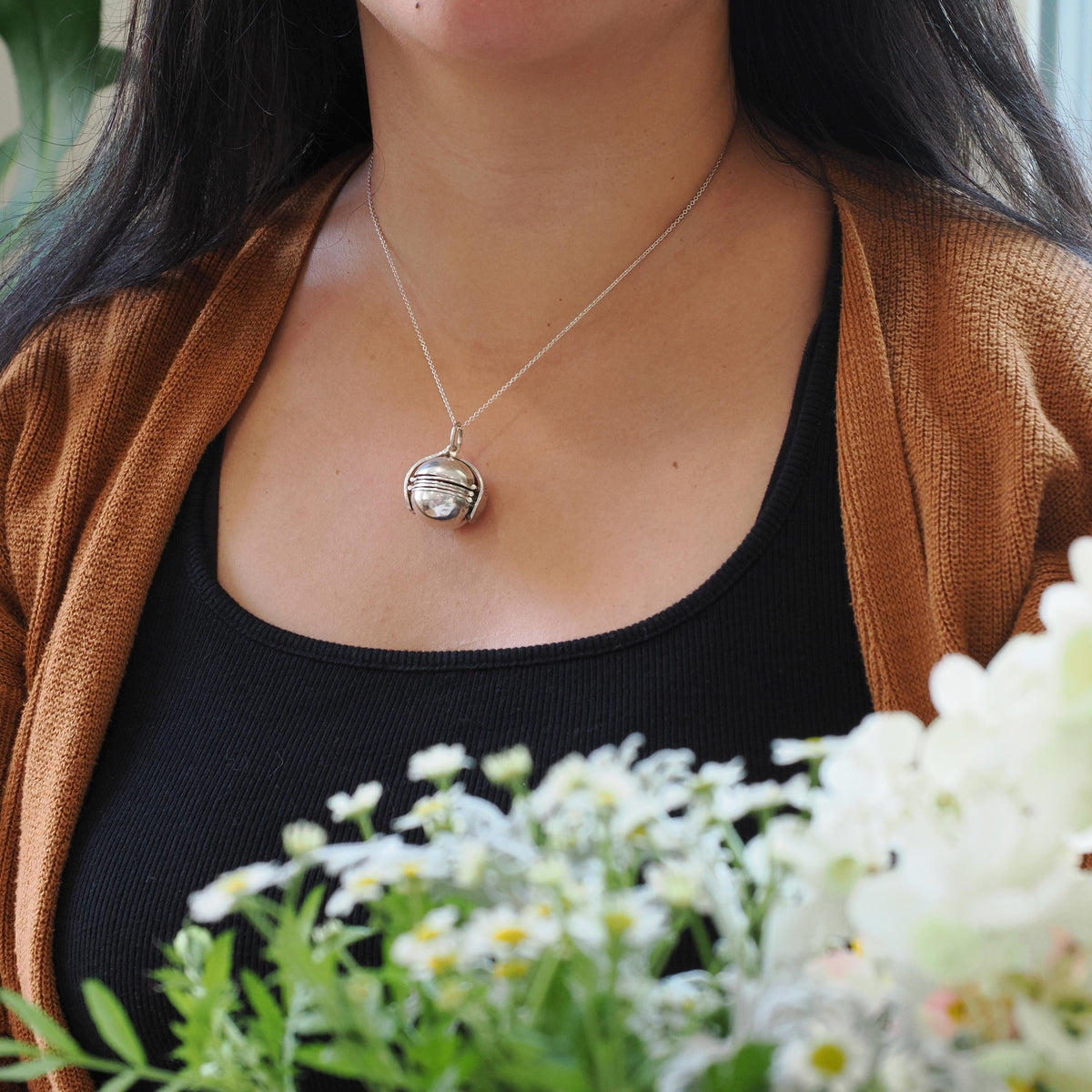 Estate Ball Locket - Modern Sterling Silver Expanding Globe Fob Pendant Necklace - Vintage Hinged Compartment Pendant Open Metal Orb Jewelry