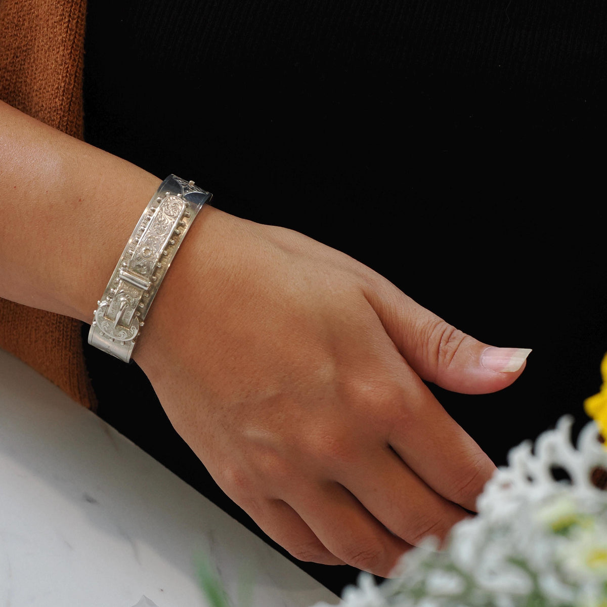 English Buckle Bracelet- Antique Sterling Silver Dated 1887 Engraved Floral Paisley Bangle - Victorian Era Birmingham Fine Statement Jewelry