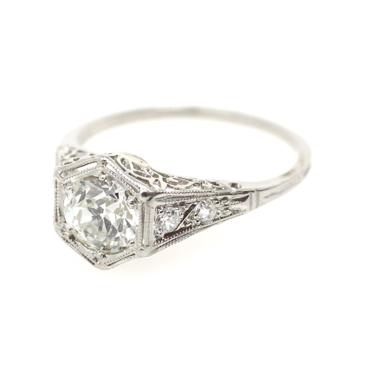 0.97 ct Old European Cut Diamond Ring - Platinum 1.14 CTW Natural Diamond Filigree Engagement - Circa 1920s Era Size 7 1/4 Hex Fine Jewelry