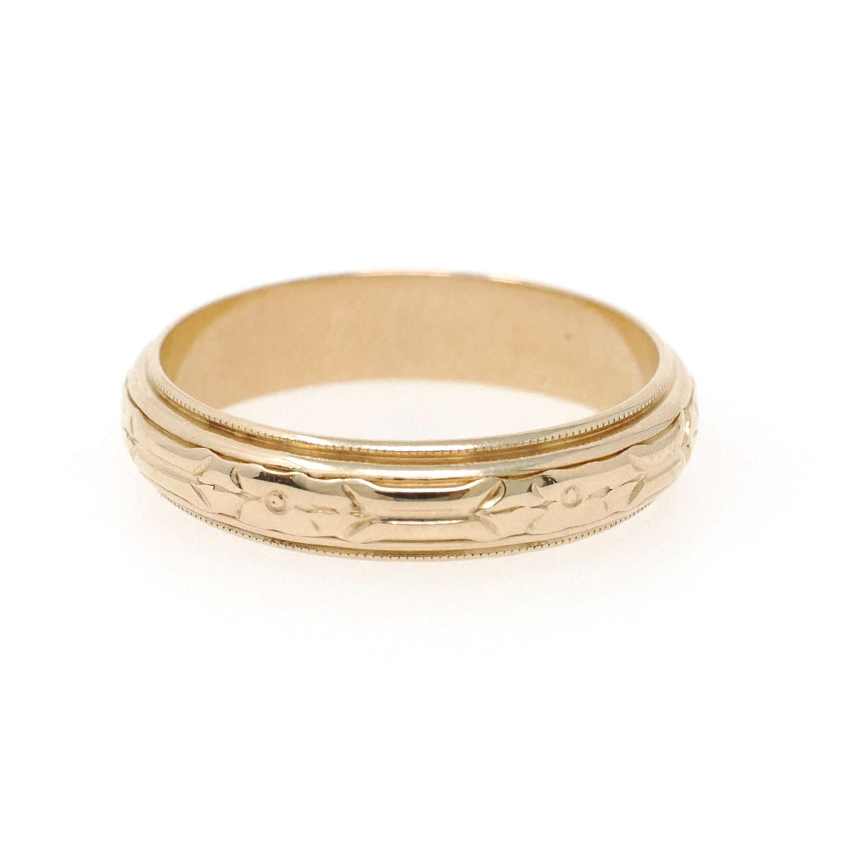 Eternity Flower Band - Mid Century 14k Yellow Gold 4.7 MM Half Round Stacking Ring - Circa 1950s Size 8 1/2 Milgrain Bridal Fine Jewelry