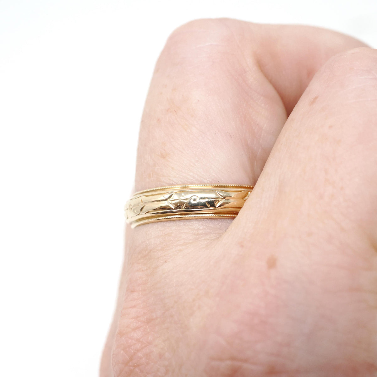 Eternity Flower Band - Mid Century 14k Yellow Gold 4.7 MM Half Round Stacking Ring - Circa 1950s Size 8 1/2 Milgrain Bridal Fine Jewelry