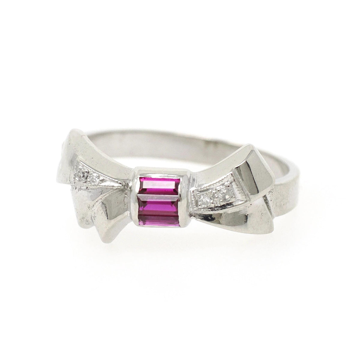 Vintage Bow Ring - Mid Century 14k White Gold Created Ruby Baguette .03 CTW Diamond Statement - Circa 1950s Size 8.5 Fine Sweetheart Jewelry