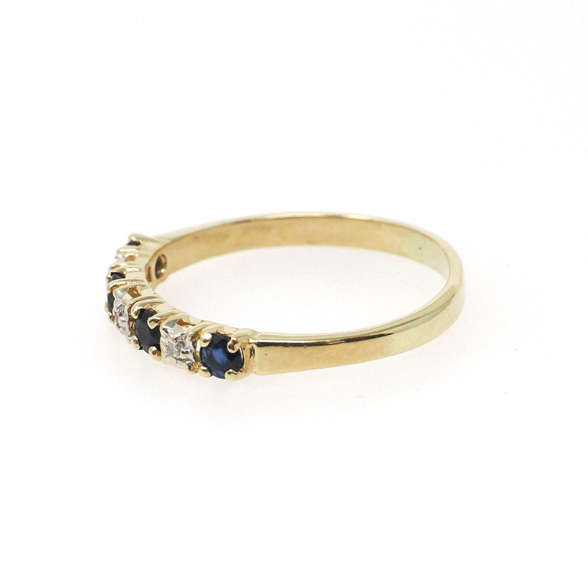Sapphire & Diamond Band - Contemporary 10k Yellow Gold Natural Seven Gemstone Ring - Estate Circa 2000s Era Size 8 Fine Stacking Jewelry