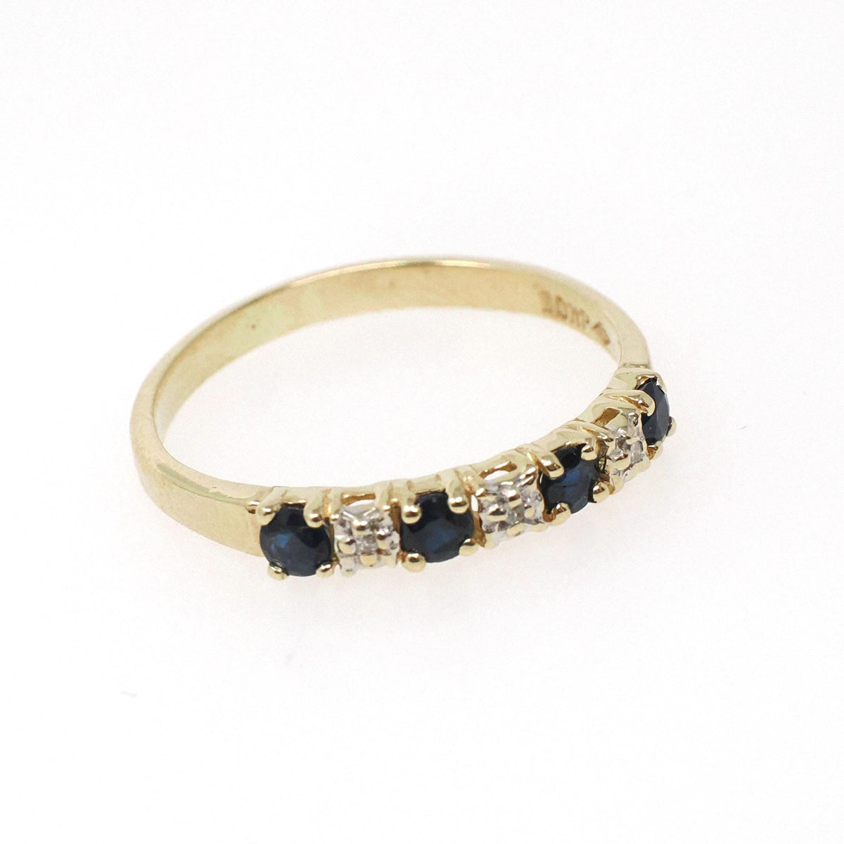 Sapphire & Diamond Band - Contemporary 10k Yellow Gold Natural Seven Gemstone Ring - Estate Circa 2000s Era Size 8 Fine Stacking Jewelry