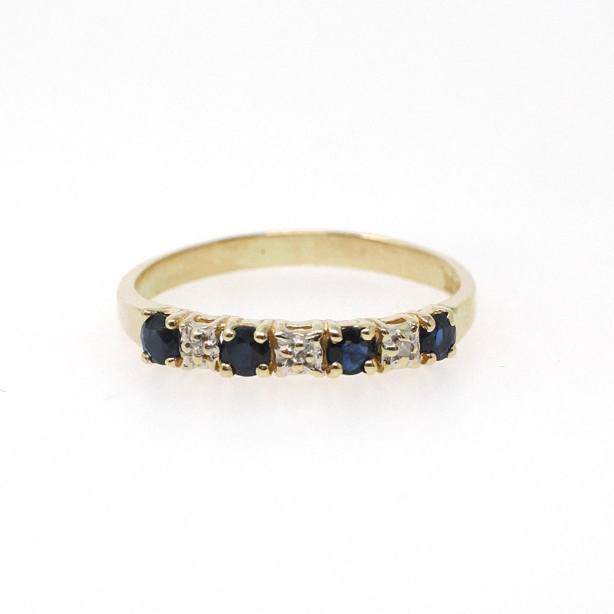 Sapphire & Diamond Band - Contemporary 10k Yellow Gold Natural Seven Gemstone Ring - Estate Circa 2000s Era Size 8 Fine Stacking Jewelry