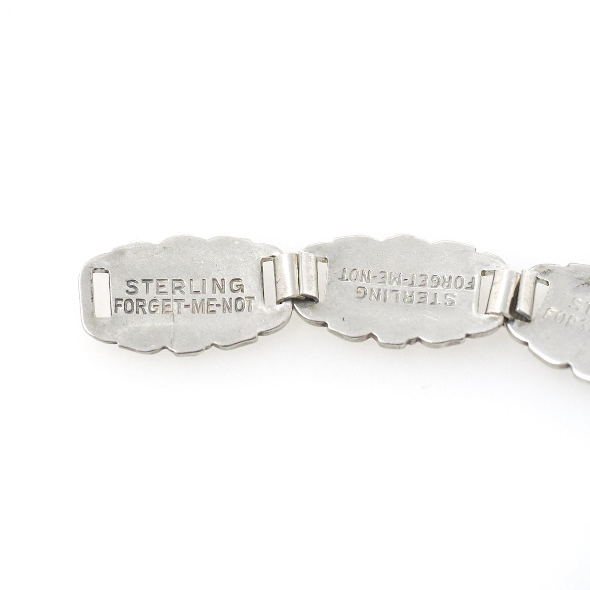 Forget Me Not Bracelet - Retro Sterling Silver Engraved Floral Panels 6.75 Inches - Vintage Circa 1940s Engraved Names Flower Family Jewelry