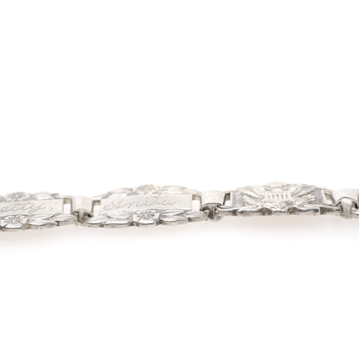 Forget Me Not Bracelet - Retro Sterling Silver Engraved Floral Panels 6.75 Inches - Vintage Circa 1940s Engraved Names Flower Family Jewelry
