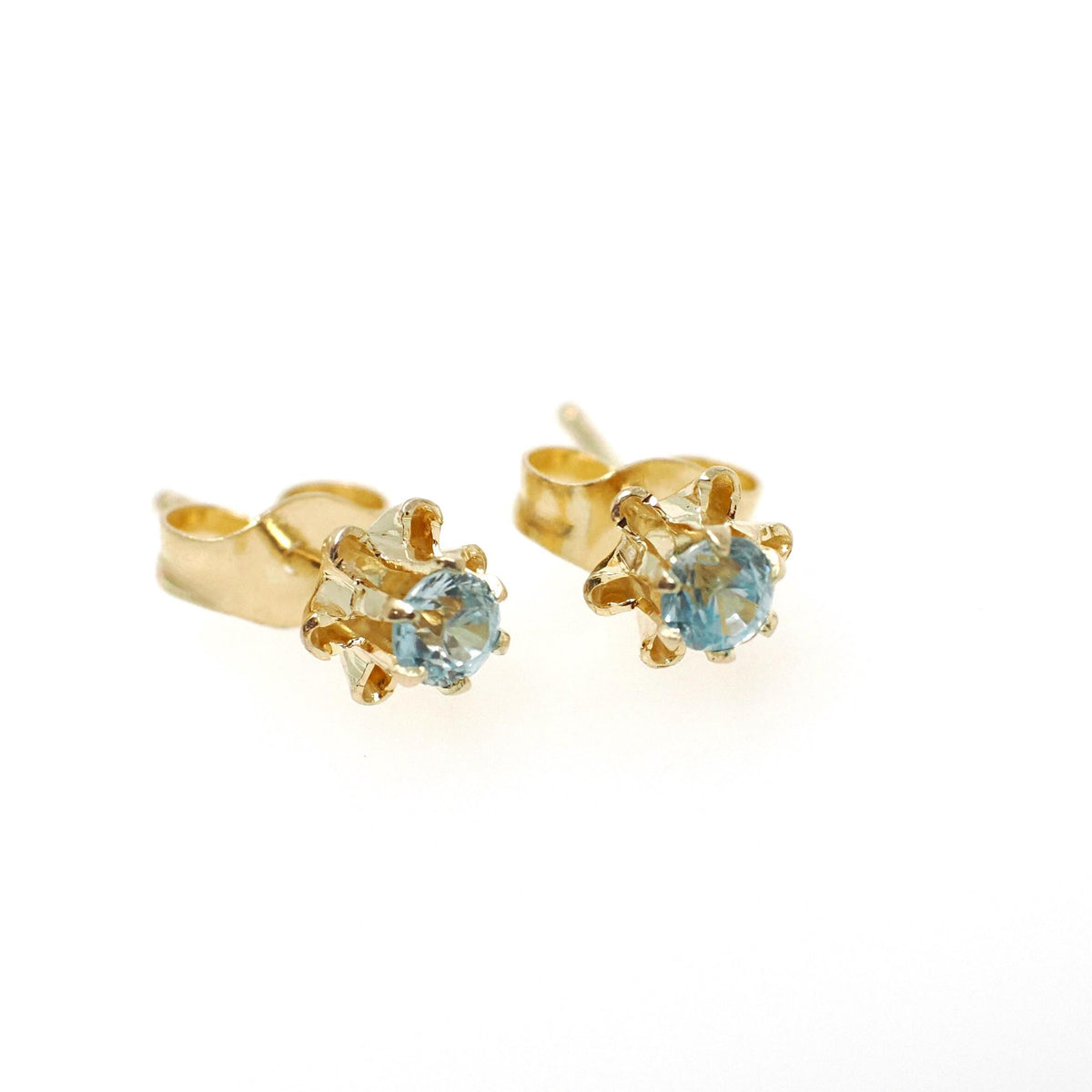 Natural Zircon Earrings - Contemporary 14k Yellow Gold Studs .20 CTW Pierced Posts - Estate Circa 2000s Era Blue Gemstones Fine Jewelry
