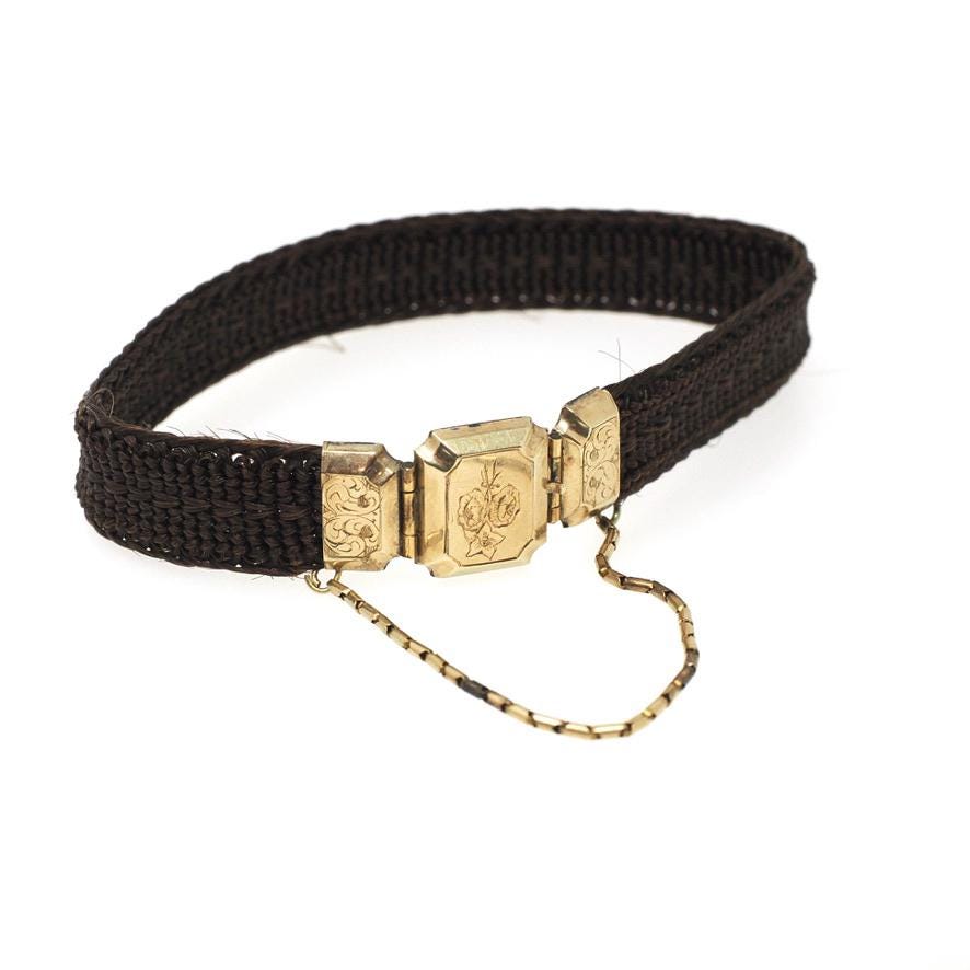 Victorian Hair Bracelet - Antique 10k Gold Woven Engraved "Cousin Sally" Mourning Jewelry - Dated 1843 Floral Motif Fine Accessory