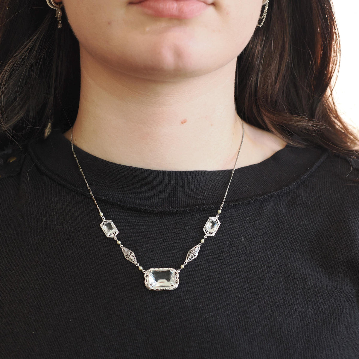 Art Deco Filigree Necklace - Vintage 10k White Gold Simulated Rock Crystal Quartz Links - Circa 1930s Era Clear Glass Fine Fashion Jewelry