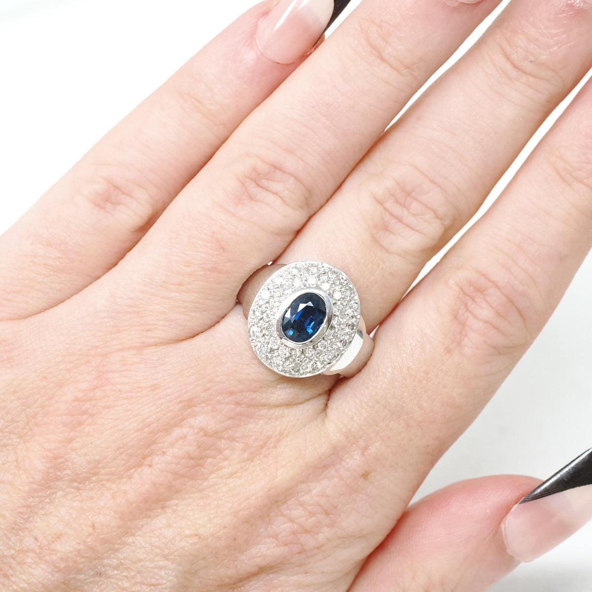 Sapphire Engagement Ring - Contemporary 14k White Gold Blue Gem & Diamond Pave Halo - Circa 1990s Era Size 6 3/4 Fine Statement Jewelry