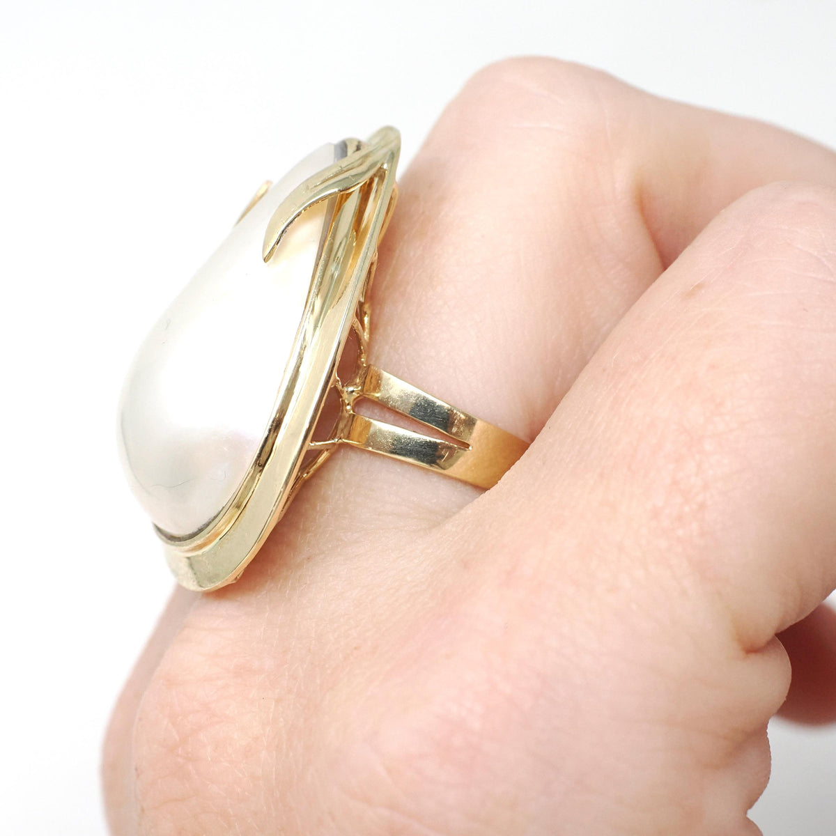 Vintage Mabe Pearl Ring - Contemporary Era 14K Yellow Gold Cultured Organic Gemstone - Circa 1990s Size 6 3/4 June Birthstone Fine Jewelry