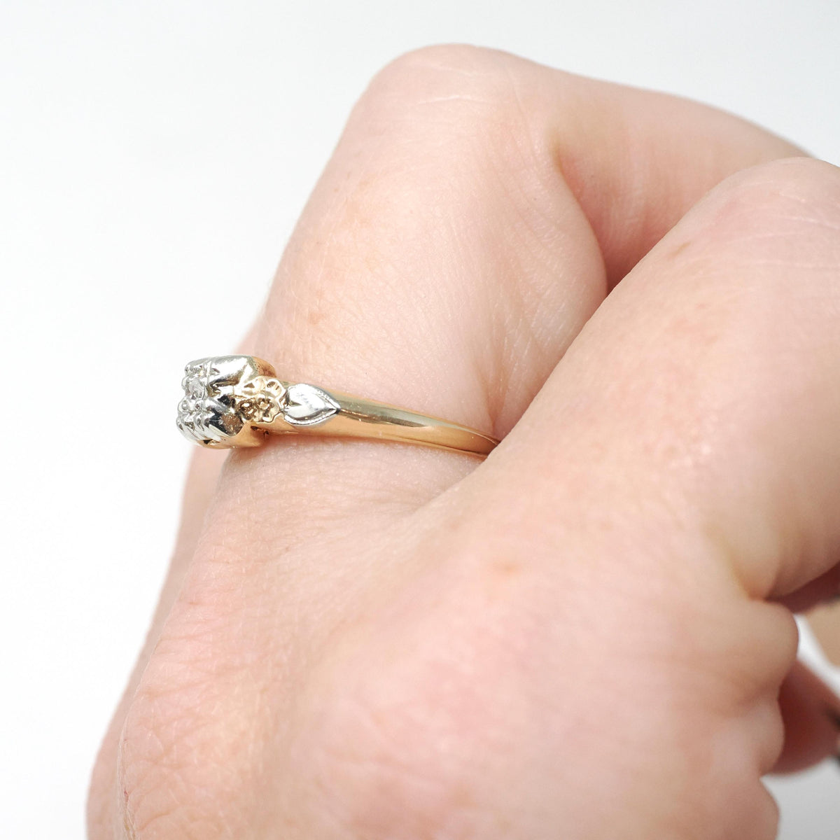 Flower Engagement Ring - Vintage 14k Yellow & White Gold Two Tone Diamond Solitaire - Circa 1940s Era Size 6 Fine Sweetheart Bridal Jewelry