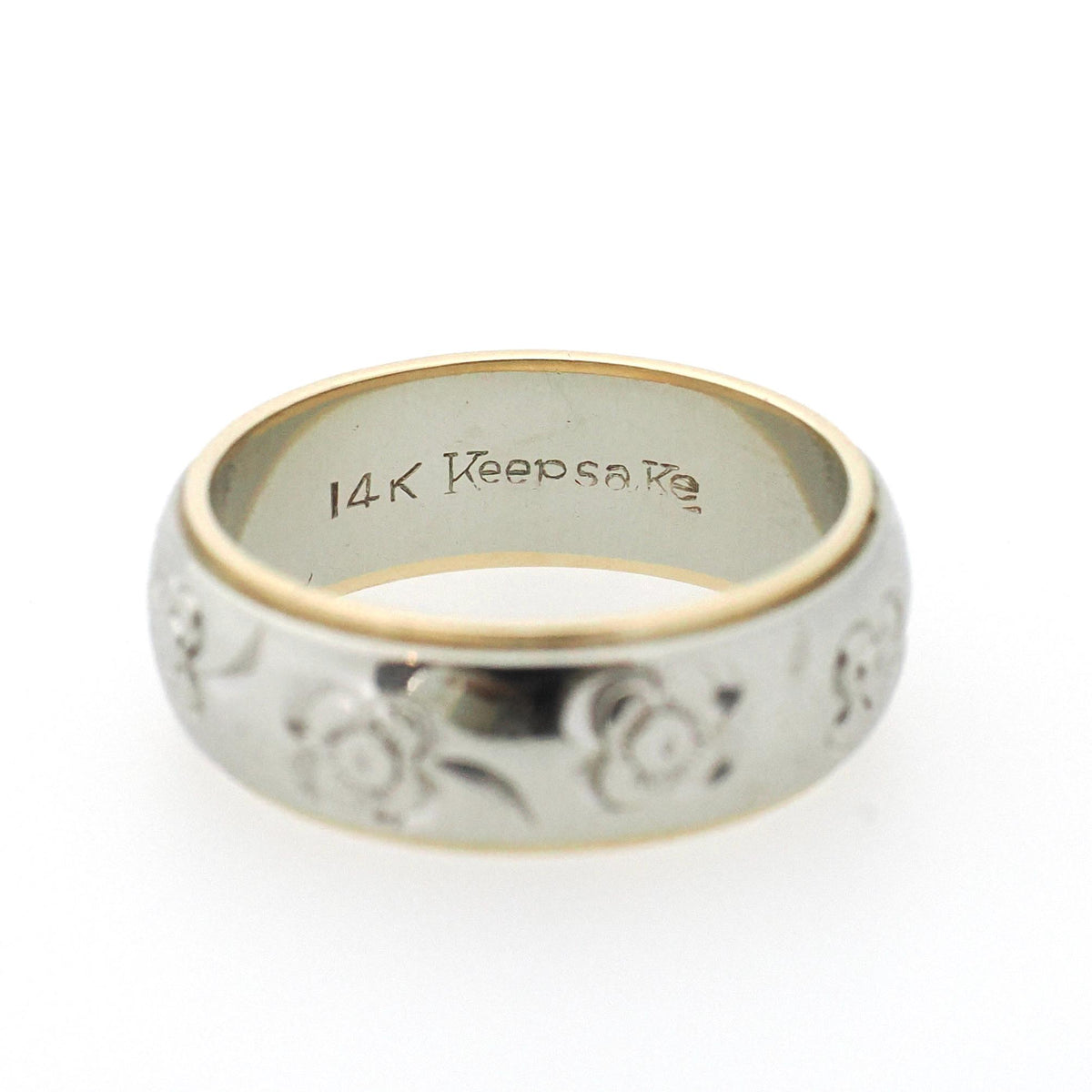 Vintage Flower Band - Mid Century 14k Yellow & White Gold Floral Design Ring - Circa 1960s Era Size 6 1/4 Two Tone Fine Statement Jewelry