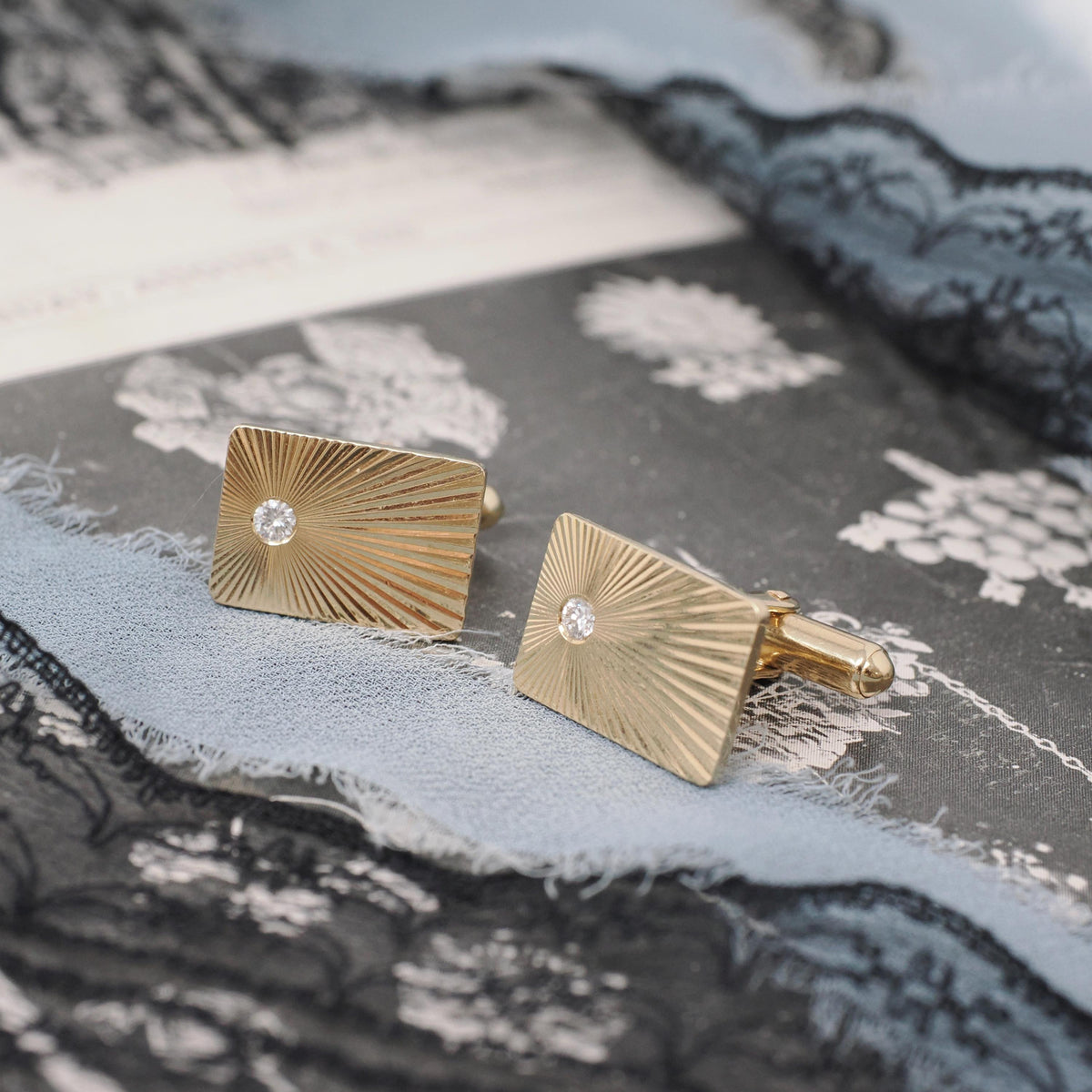 Vintage Diamond Cufflinks - Modernist Era 14k Yellow Gold .25 CTW Engraved Sunburst Bridal Accessory - Circa 1970s Fine Statement Jewelry