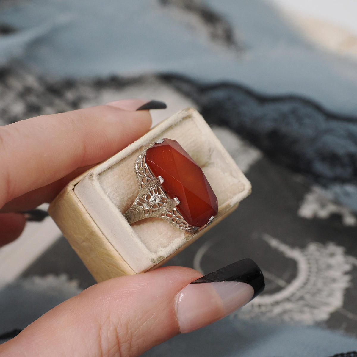 Carnelian Filigree Ring - Art Deco Era 14k White Gold Natural Orange Rectangular Gemstone Shield - Circa 1930s Size 5.5 Fine Floral Jewelry
