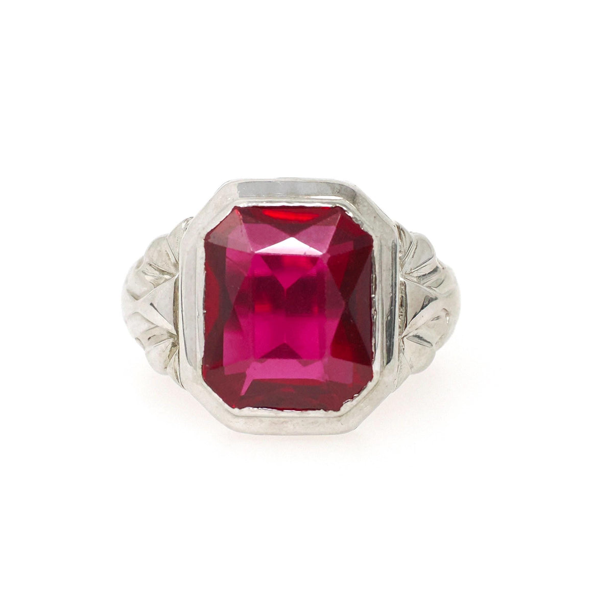 Art Deco Ring - Vintage 10k White Gold Created Red Ruby Men's Unisex Ring - Circa 1930s Size 9 1/2 July Birthstone Statement Fine Jewelry