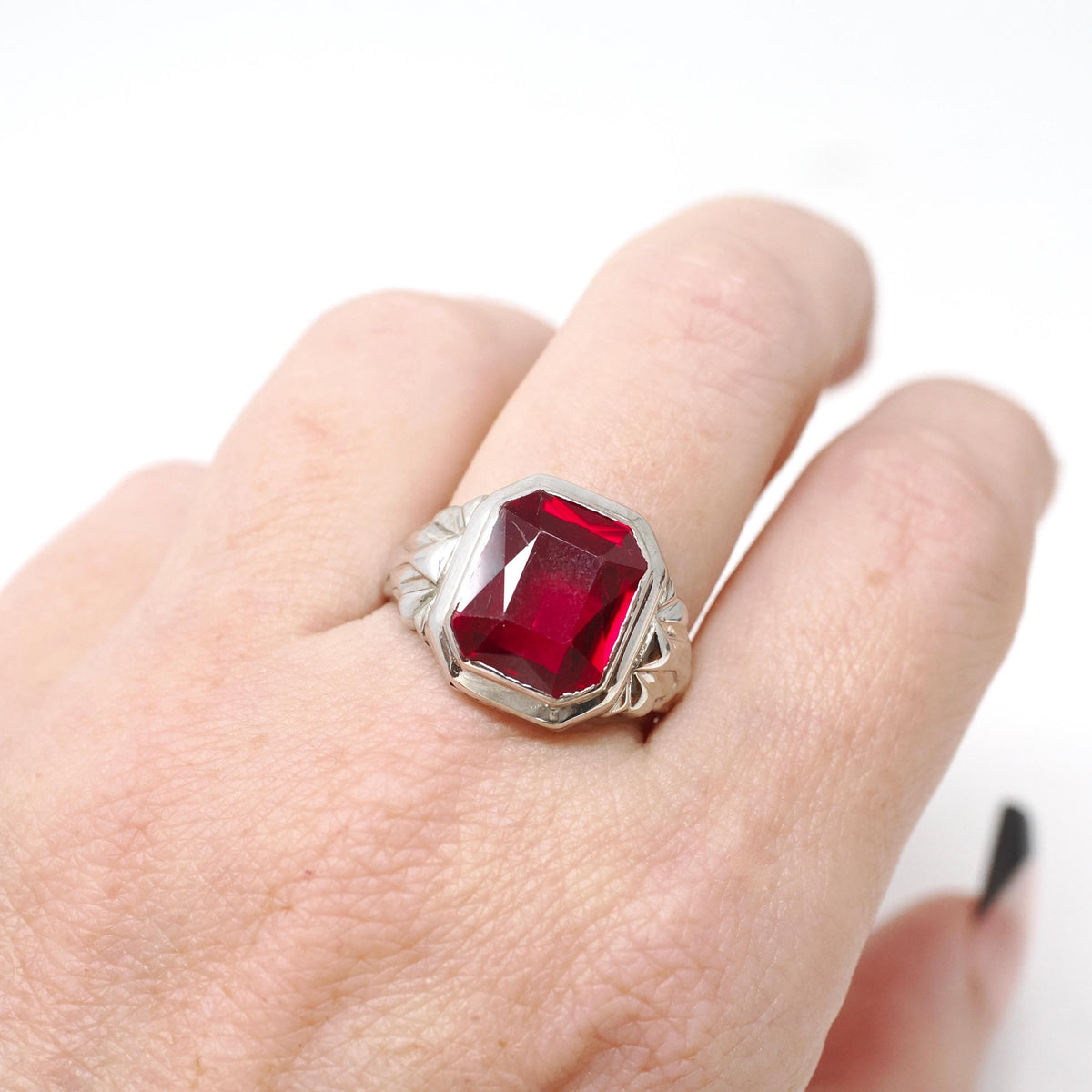 Art Deco Ring - Vintage 10k White Gold Created Red Ruby Men's Unisex Ring - Circa 1930s Size 9 1/2 July Birthstone Statement Fine Jewelry
