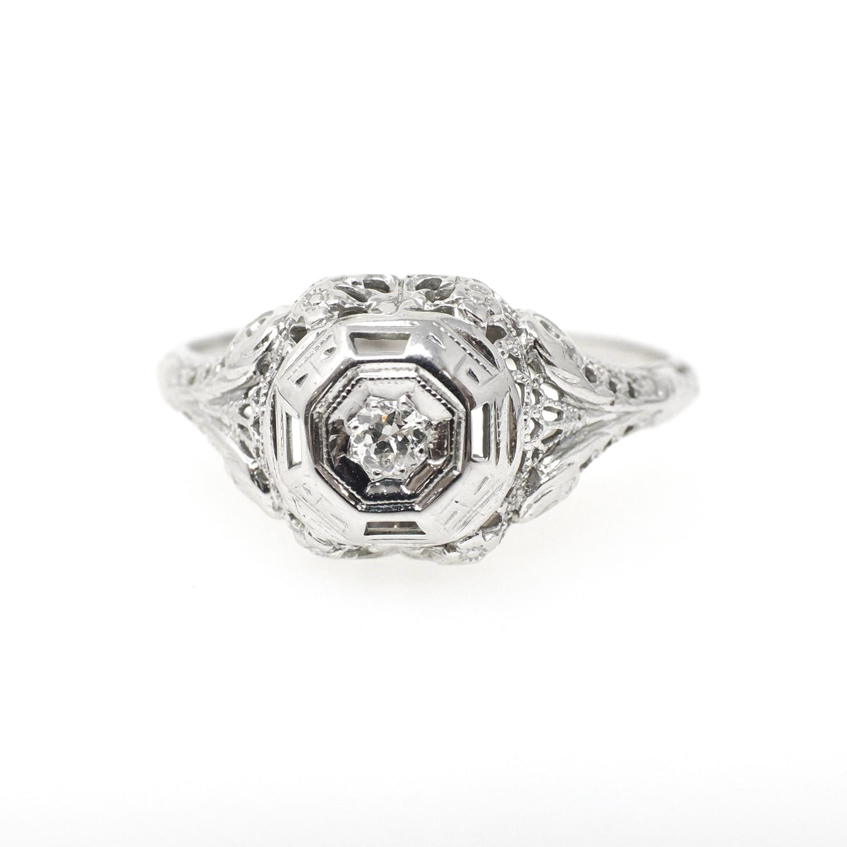 Vintage Diamond Ring - Art Deco 18k White Gold Natural .06 CT Engagement Solitaire - Circa 1930s Size 8 Octagonal Filigree Fine Jewelry