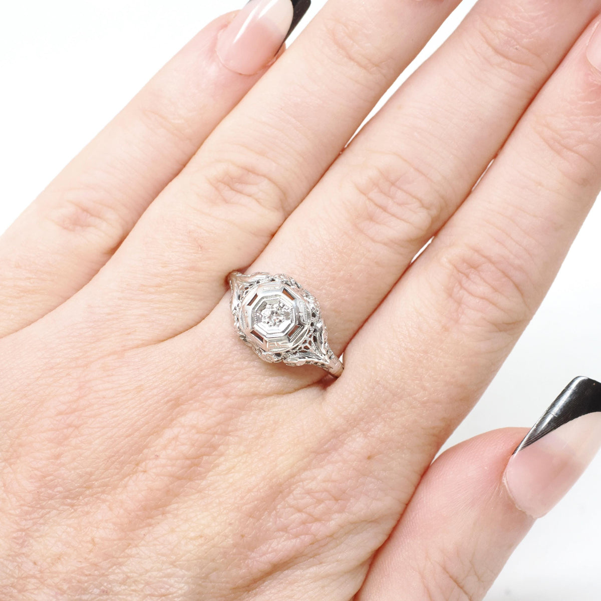 Vintage Diamond Ring - Art Deco 18k White Gold Natural .06 CT Engagement Solitaire - Circa 1930s Size 8 Octagonal Filigree Fine Jewelry