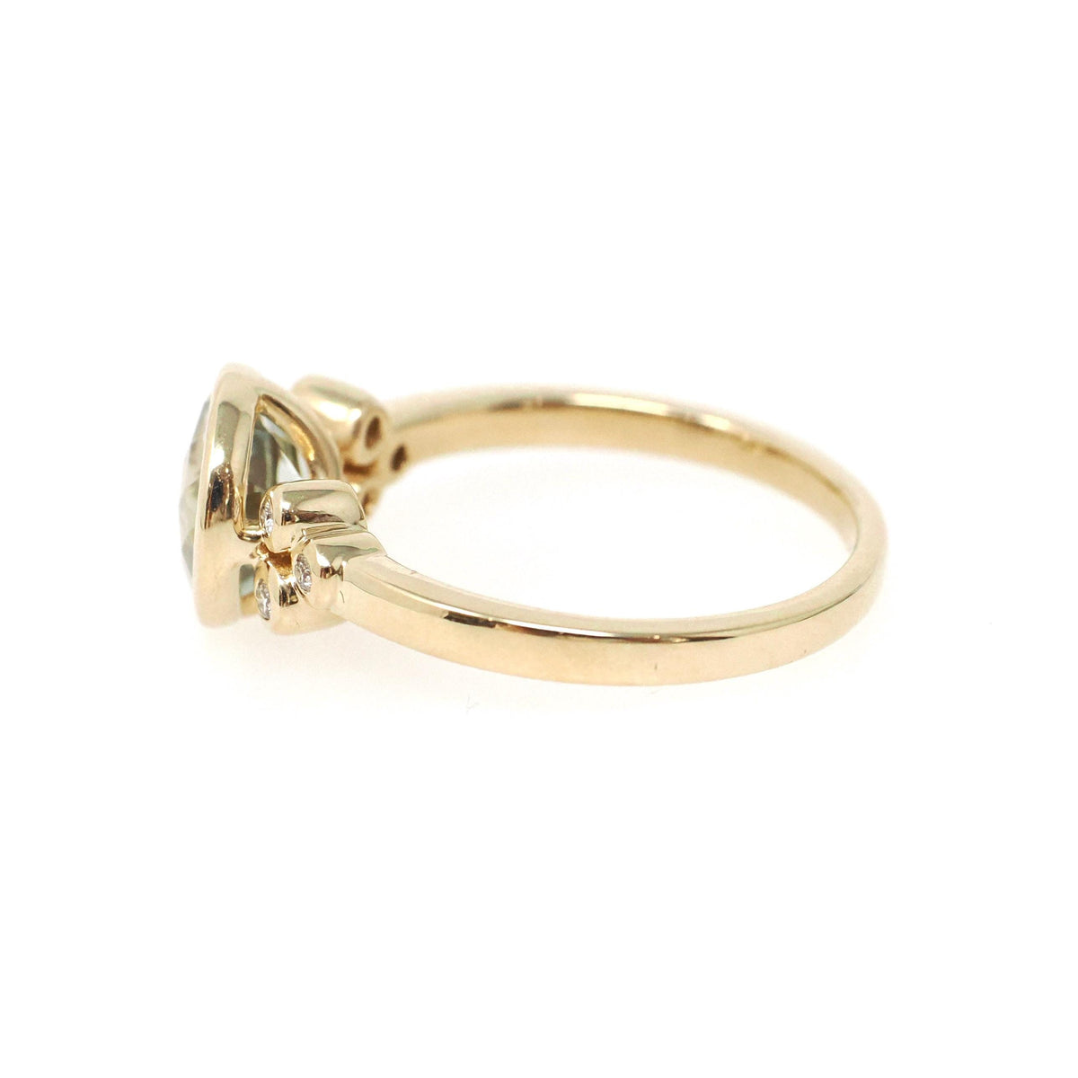 Prasiolite Diamond Ring - Contemporary 14k Yellow Gold Round Natural Green Amethyst Quartz - Modern Circa 2000s Era Size 7 1/4 Fine Jewelry