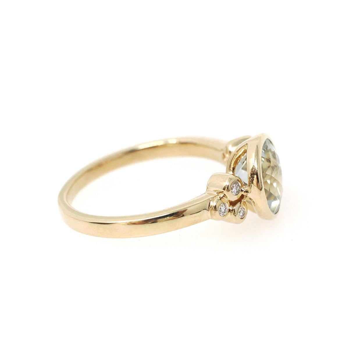 Prasiolite Diamond Ring - Contemporary 14k Yellow Gold Round Natural Green Amethyst Quartz - Modern Circa 2000s Era Size 7 1/4 Fine Jewelry