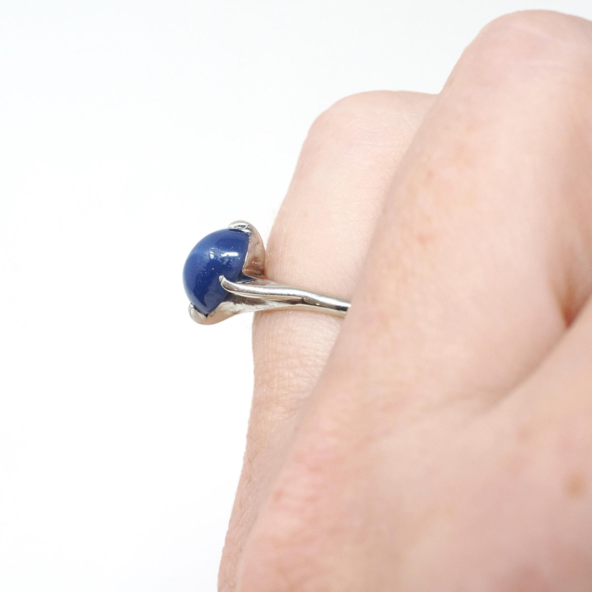 Created Star Sapphire Ring - Modernist 14k White Gold Blue Cabochon Bypass - Circa 1960s Era Size 5 September Birthstone Fine Jewelry
