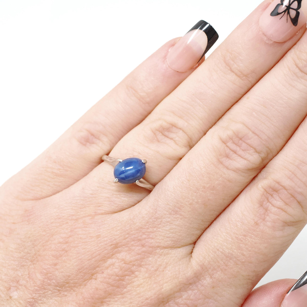 Created Star Sapphire Ring - Modernist 14k White Gold Blue Cabochon Bypass - Circa 1960s Era Size 5 September Birthstone Fine Jewelry