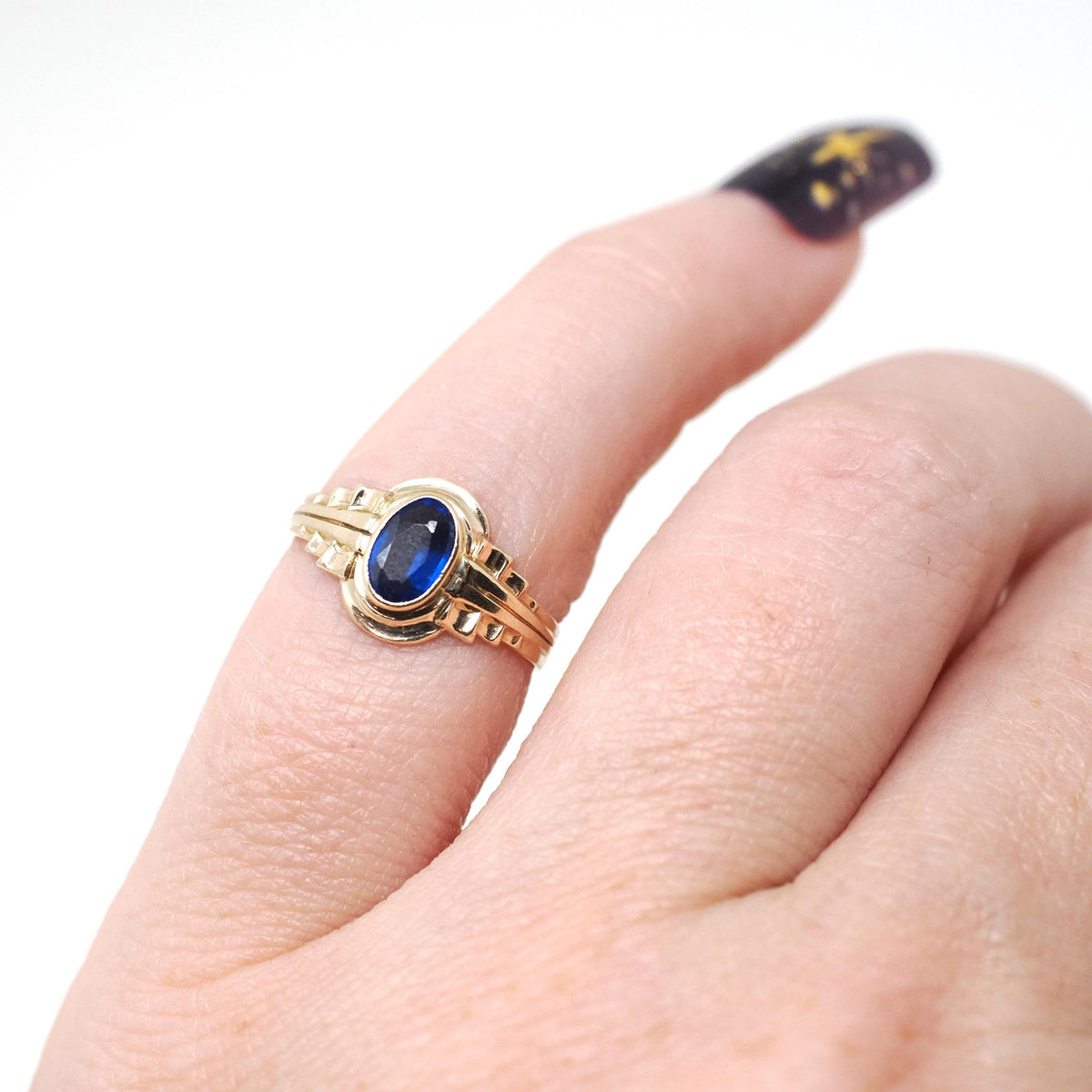 Vintage Baby Ring - Retro 10k Yellow Gold Blue Garnet Glass Doublet Midi Pinky Jewelry - Circa 1940s Size 2 September Birthstone Jewelry