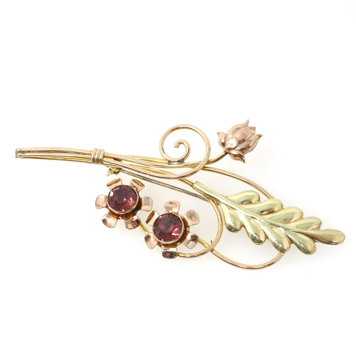 Vintage Bouquet Brooch - Retro Gold Wash Sterling Silver & Gold Filled Purple Glass Pin - Circa 1940s Floral Leaf Fashion Accessory Jewelry