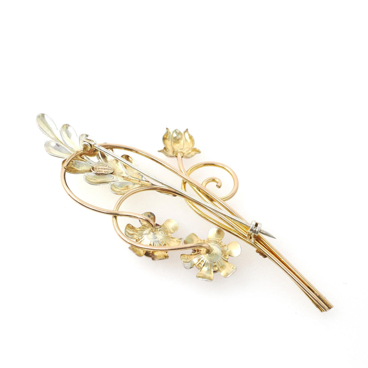 Vintage Bouquet Brooch - Retro Gold Wash Sterling Silver & Gold Filled Purple Glass Pin - Circa 1940s Floral Leaf Fashion Accessory Jewelry