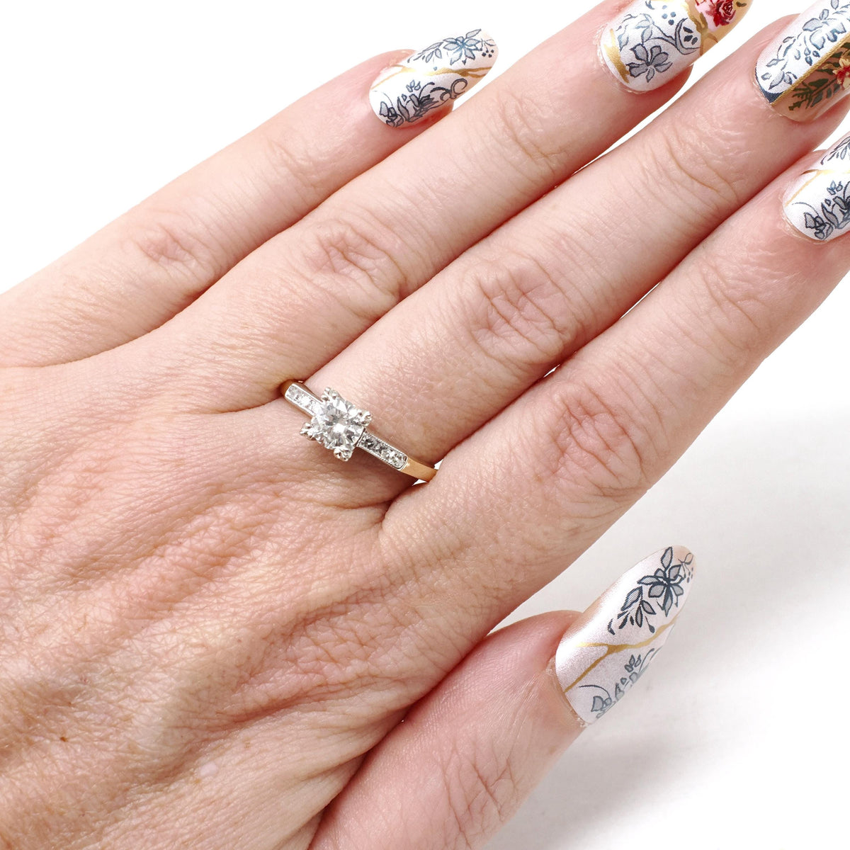 Diamond Engagement Ring - Mid Century 14k Yellow & White Gold .71 CTW Natural Two Tone Trefoil Set - Circa 1950s Era Size 7 3/4 Fine Jewelry