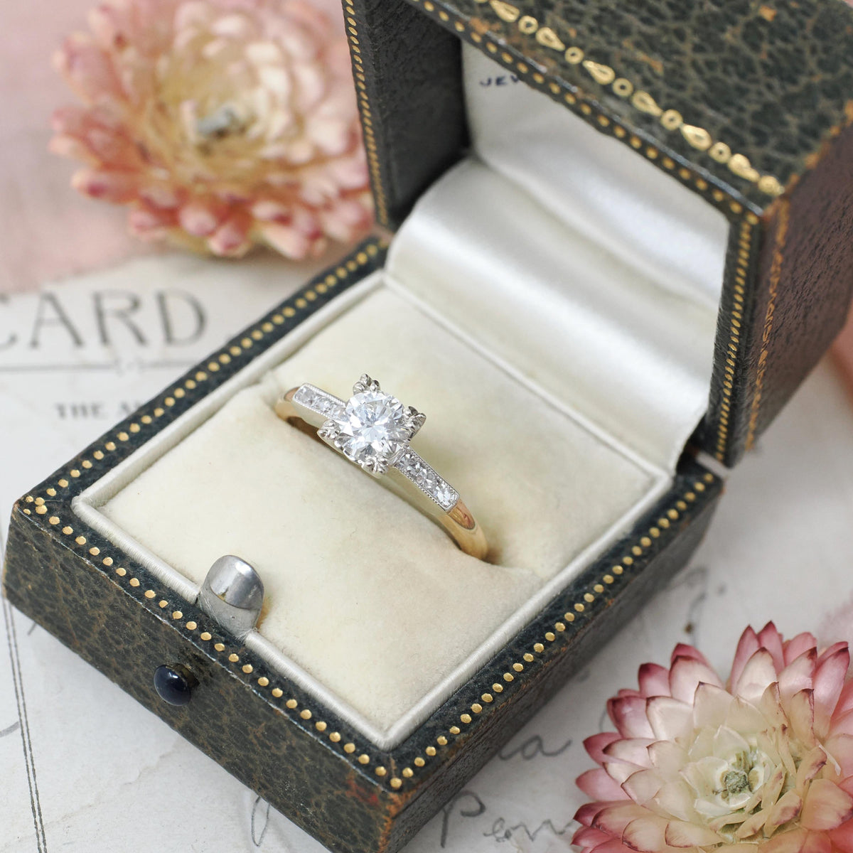 Diamond Engagement Ring - Mid Century 14k Yellow & White Gold .71 CTW Natural Two Tone Trefoil Set - Circa 1950s Era Size 7 3/4 Fine Jewelry