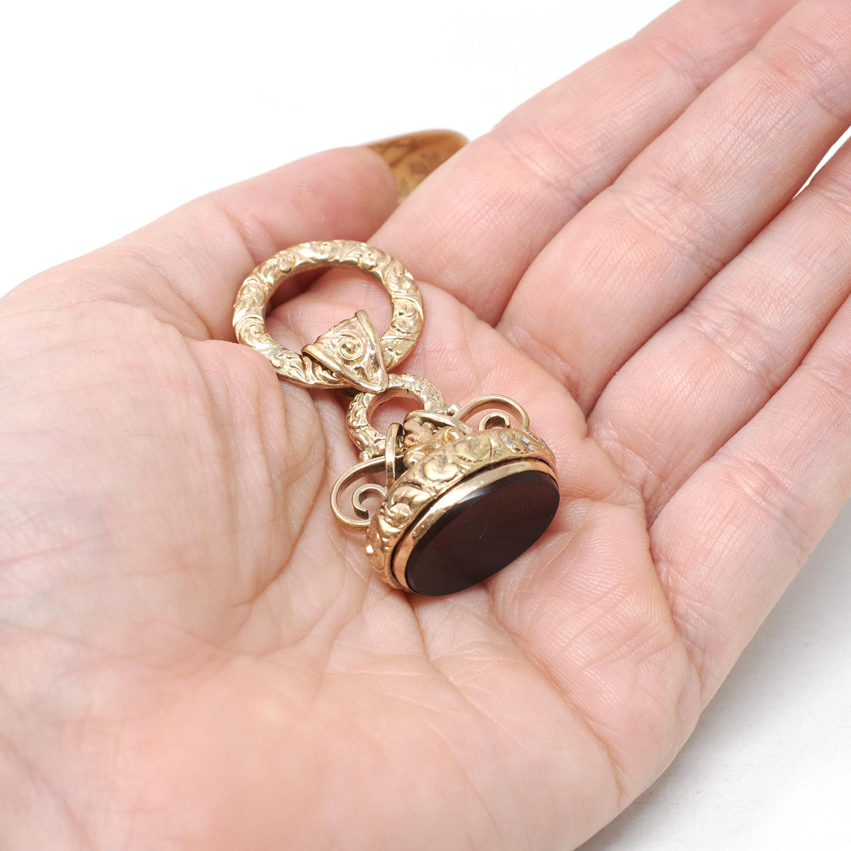 Antique Fob Pendant - Edwardian Gold Filled Natural Dark Red Sard Gemstone Pendant - Circa 1910s Era Engraved Versatile Fashion Accessory