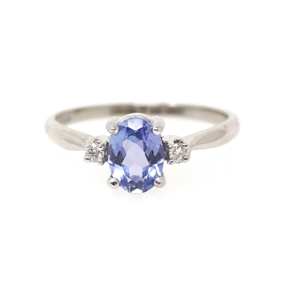 Tanzanite & Diamond Ring - Vintage 14k White Gold Natural Violet Blue Oval Cut Gemstone - Mid Century Era Size 6 1/2 Fine Engagement Jewelry