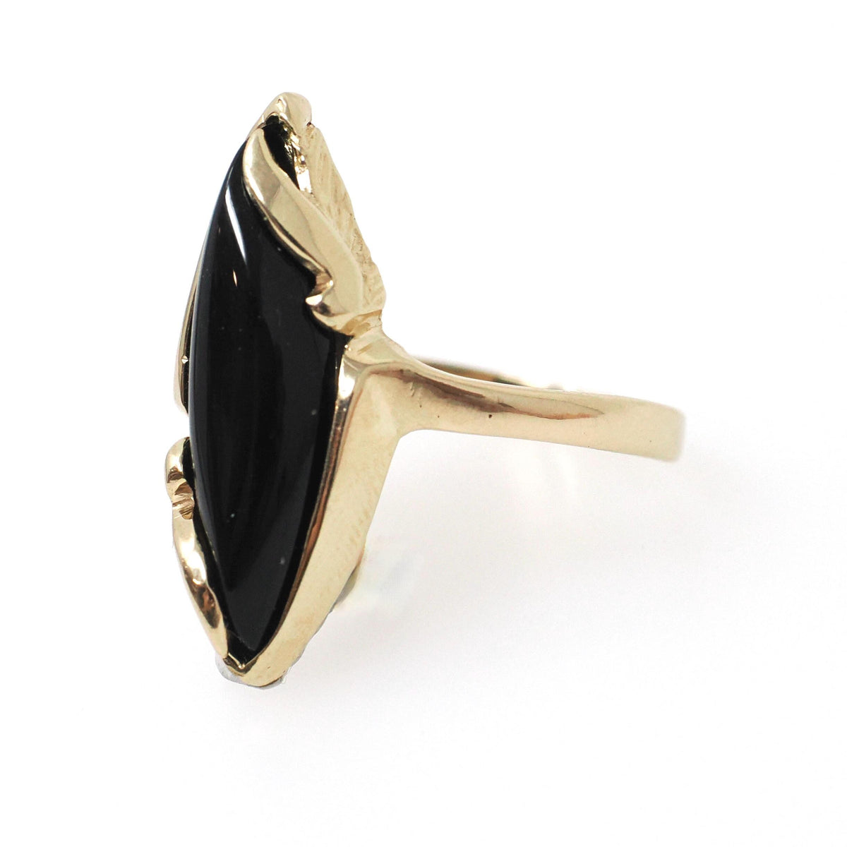 Vintage Onyx Ring - Modernist 14k Yellow Gold Marquise Cabochon Cut Black Chalcedony Gem - Circa 1960s Era Size 7 1/4 Fine Statement Jewelry